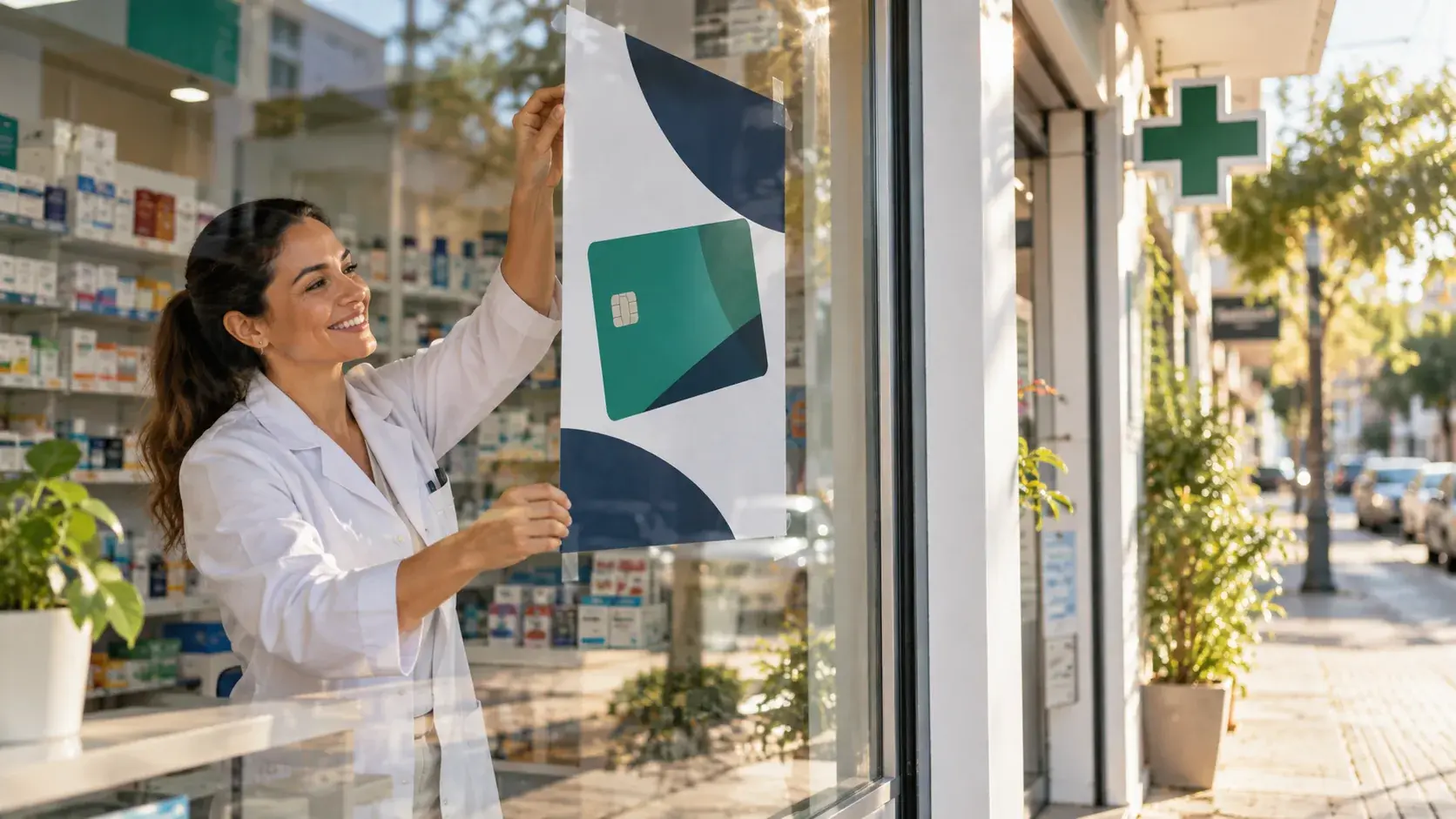 Farmacêutica sorridente cola na vitrine da farmácia de bairro um cartaz do clube de assinatura com a ilustração de um cartão de membro