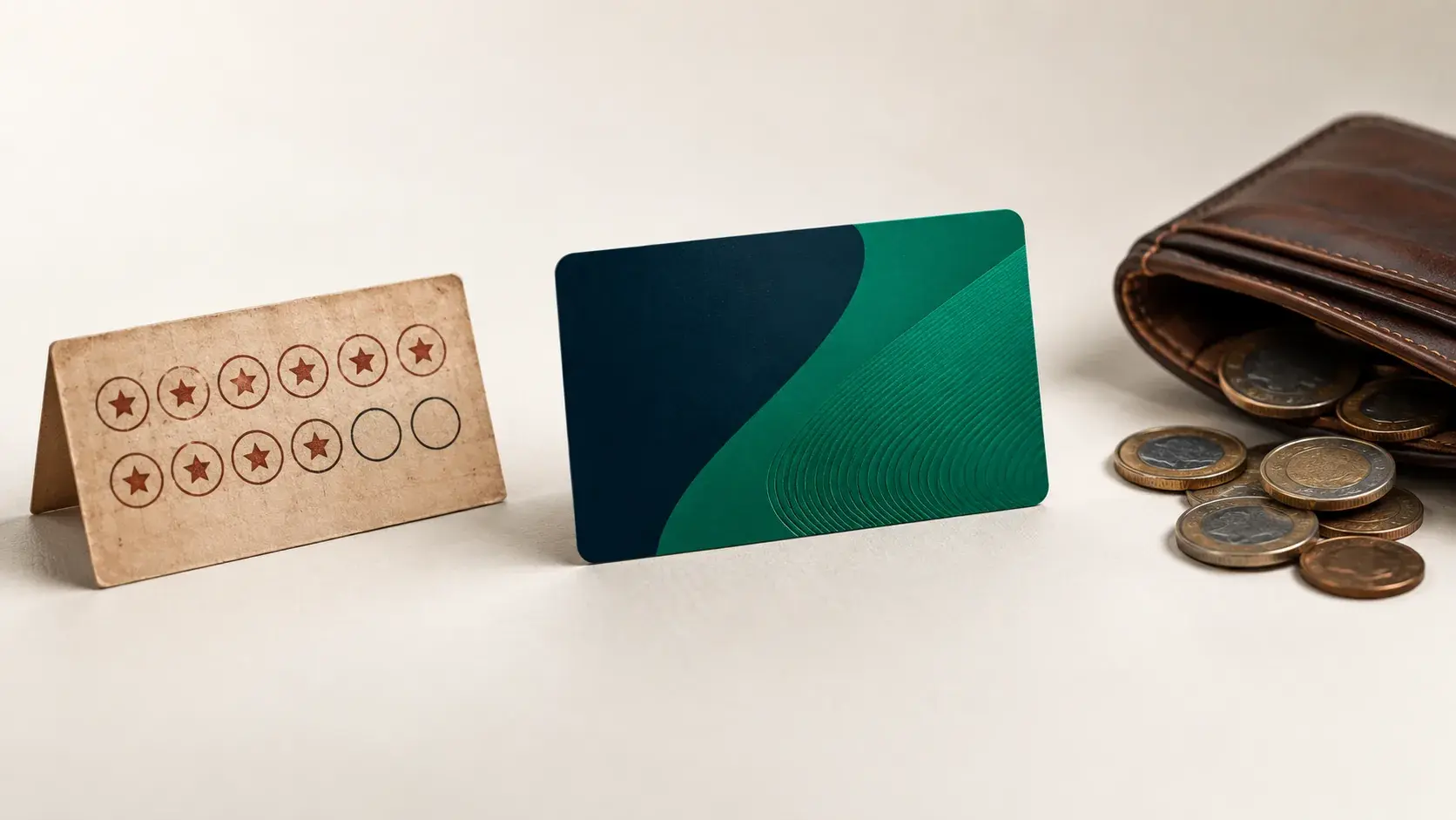 Cartão de pontos, carteira com moedas de cashback e, em destaque, um cartão de membro verde e azul-marinho de clube de assinatura